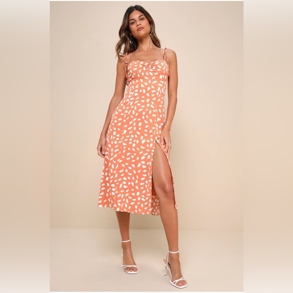 Lulus Orange Print Tie-Strap Midi Dress